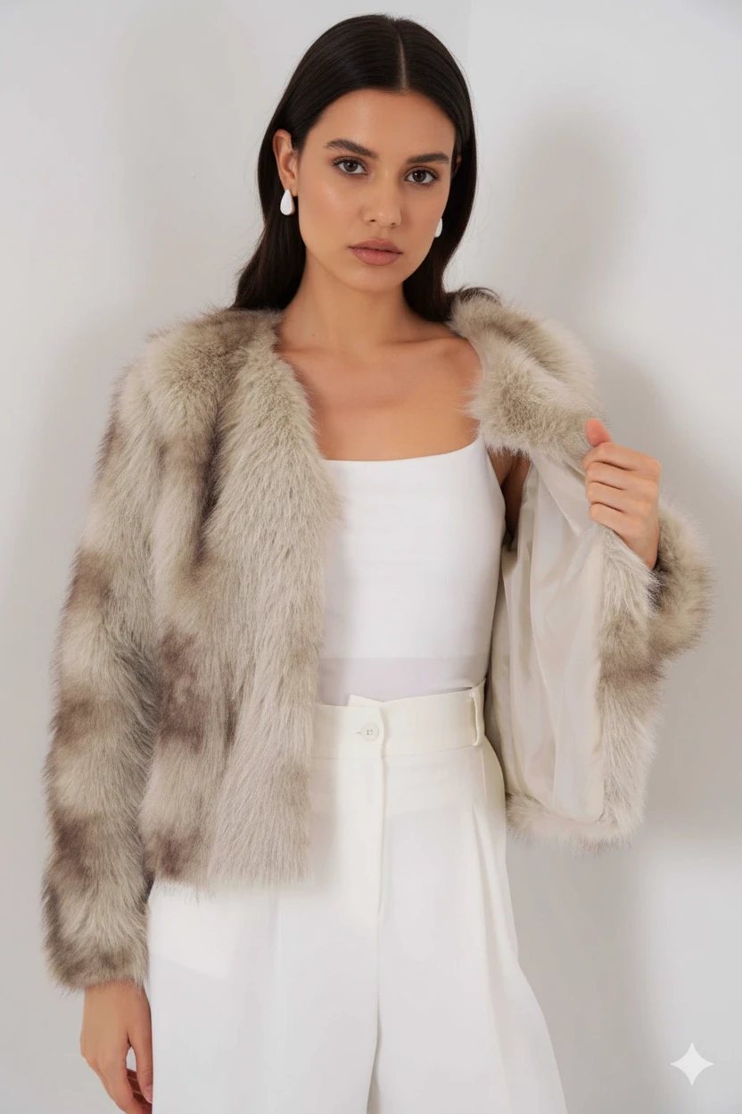 Kadın Bej İçi Astarlı Peluş Kürk Mont HZL25W-BD152251