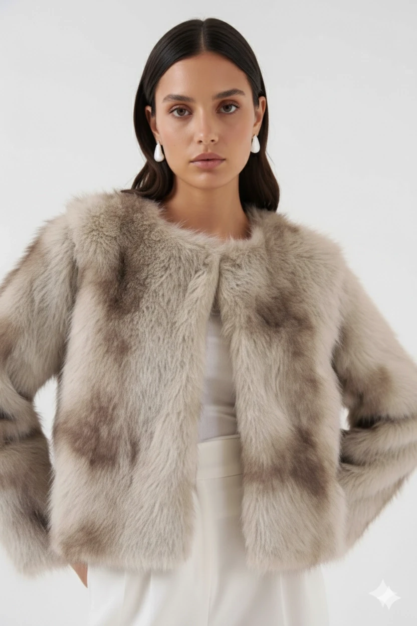 Kadın Bej İçi Astarlı Peluş Kürk Mont HZL25W-BD152251