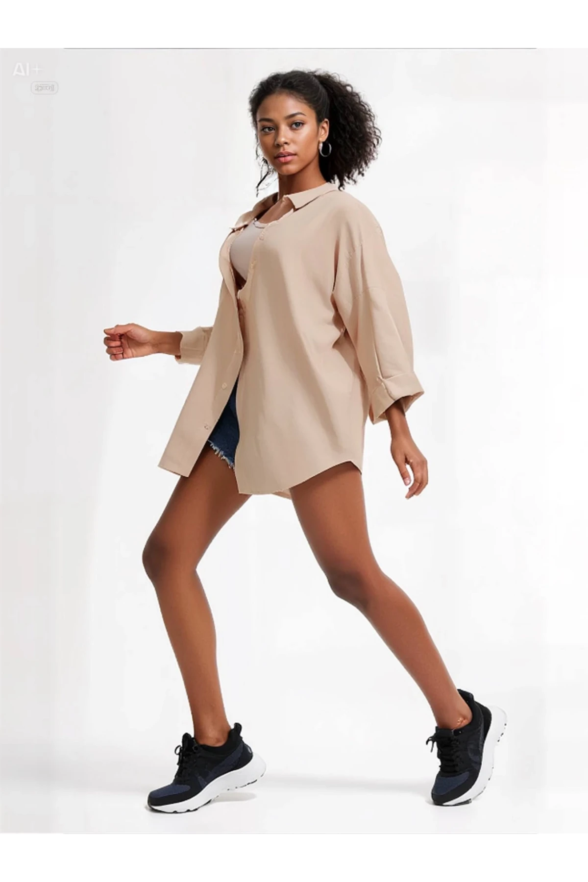 Kadın Bej Oversize Uzun Basic Gömlek HZL22W-BD139001