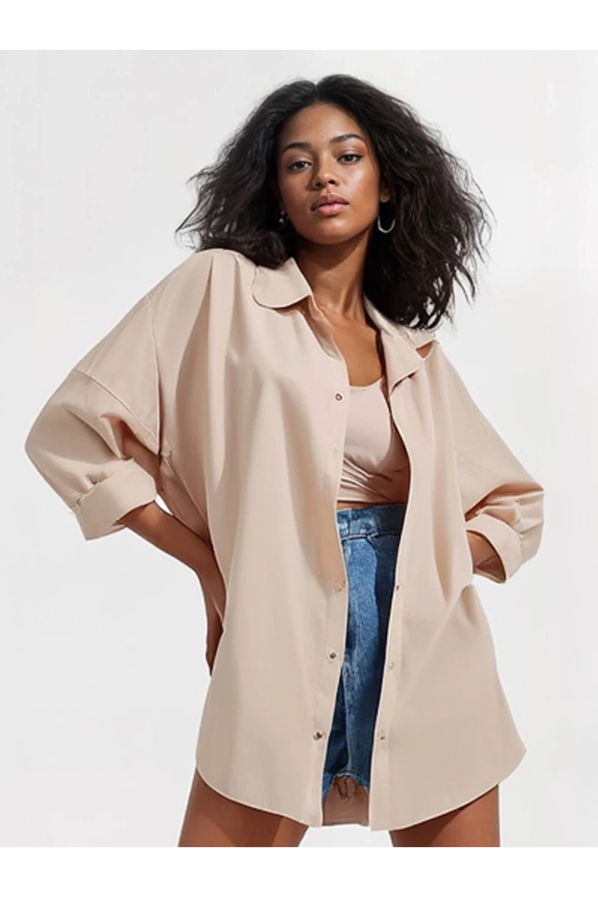 Kadın Bej Oversize Uzun Basic Gömlek HZL22W-BD139001