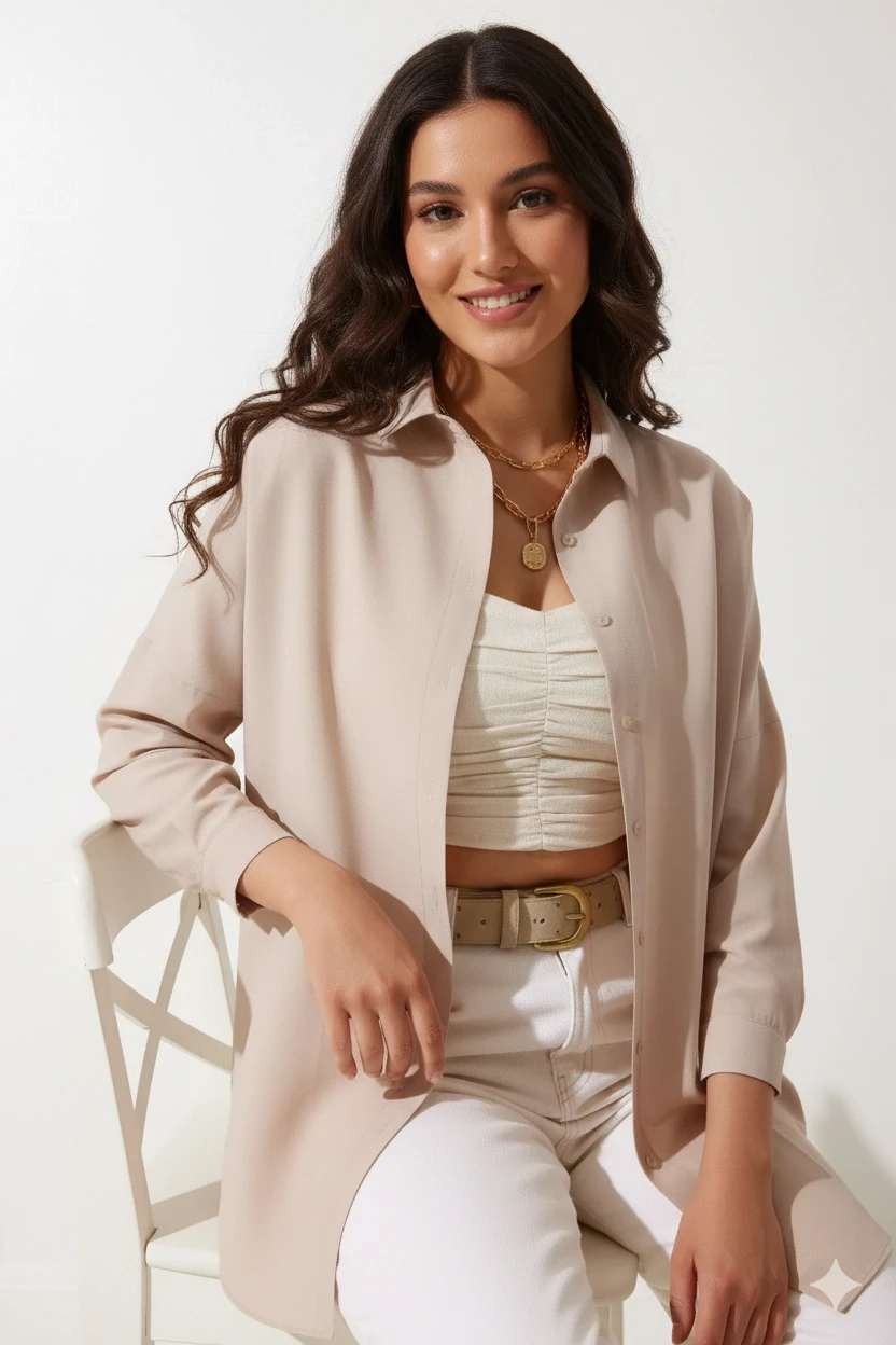 Kadın Bej Oversize Uzun Basic Gömlek HZL22W-BD139001