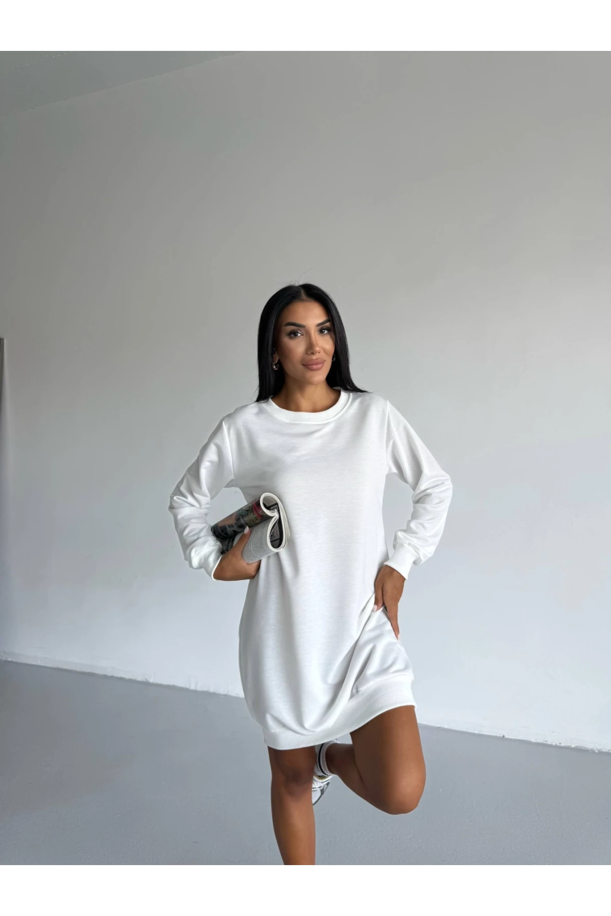 Kadın Beyaz Bisiklet Yaka 2 iplik Günlük Rahat Elbise HZL25W-FRY123451