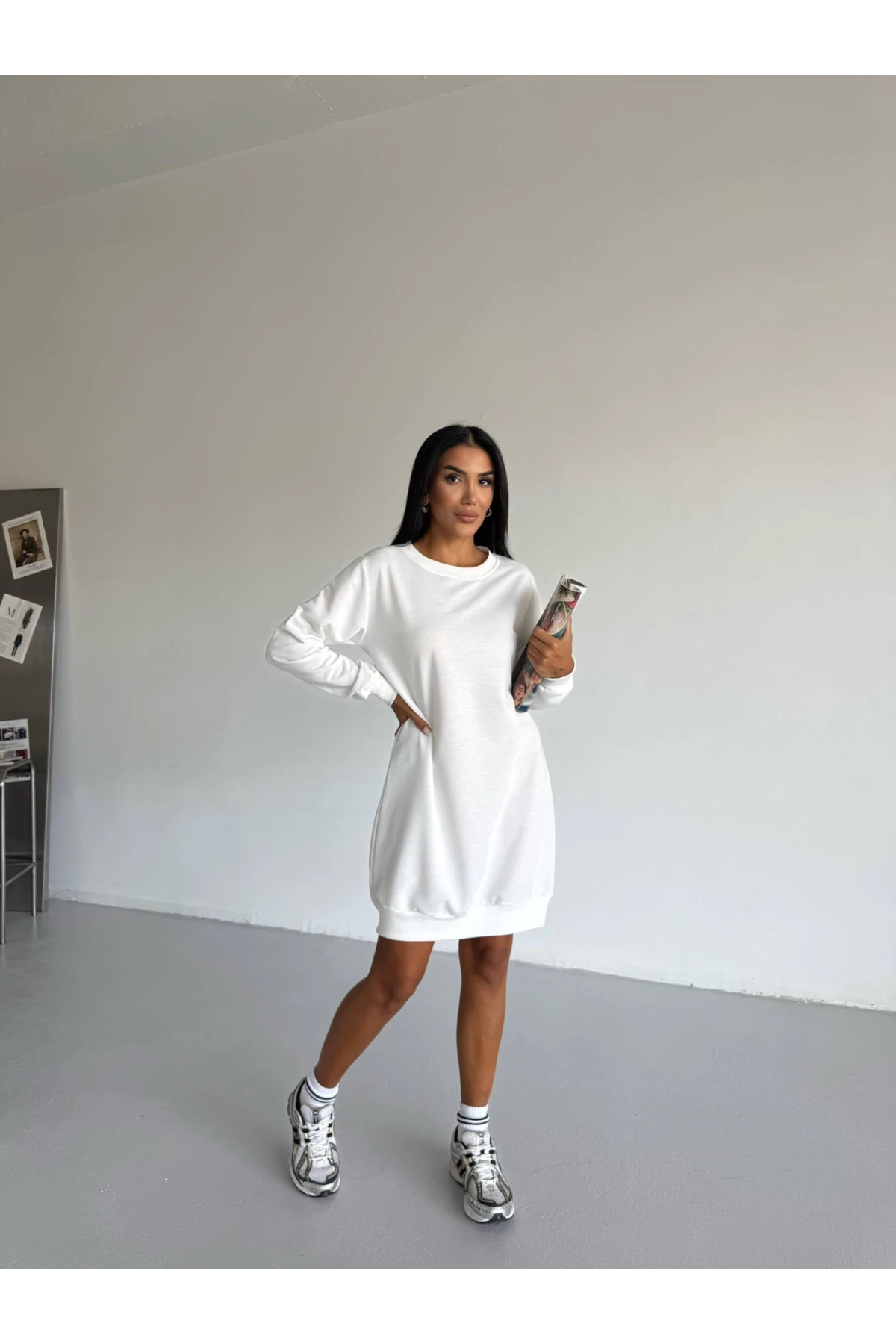 Kadın Beyaz Bisiklet Yaka 2 iplik Günlük Rahat Elbise HZL25W-FRY123451