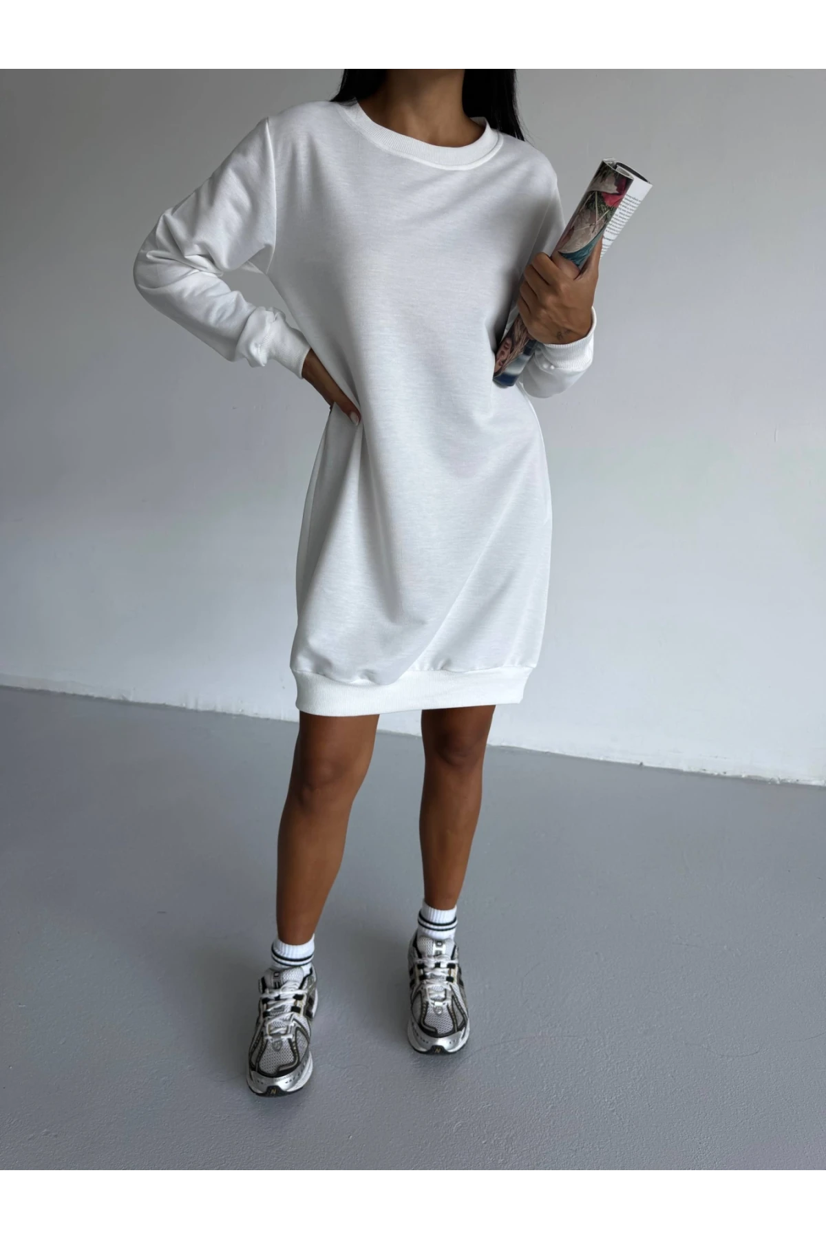 Kadın Beyaz Bisiklet Yaka 2 iplik Günlük Rahat Elbise HZL25W-FRY123451