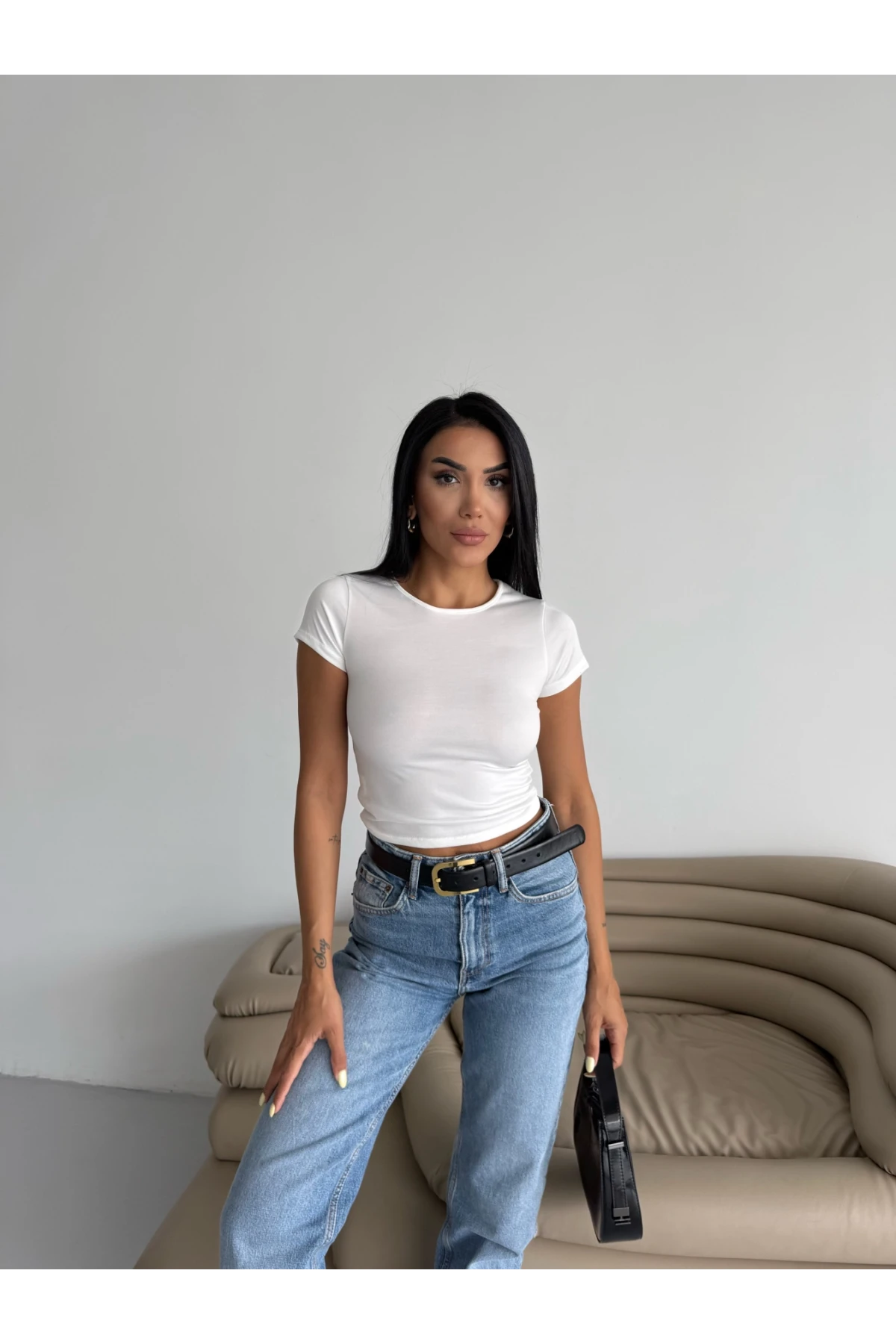 Kadın Beyaz Bisiklet Yaka Sandy Bluz HZL25S-FRY123191