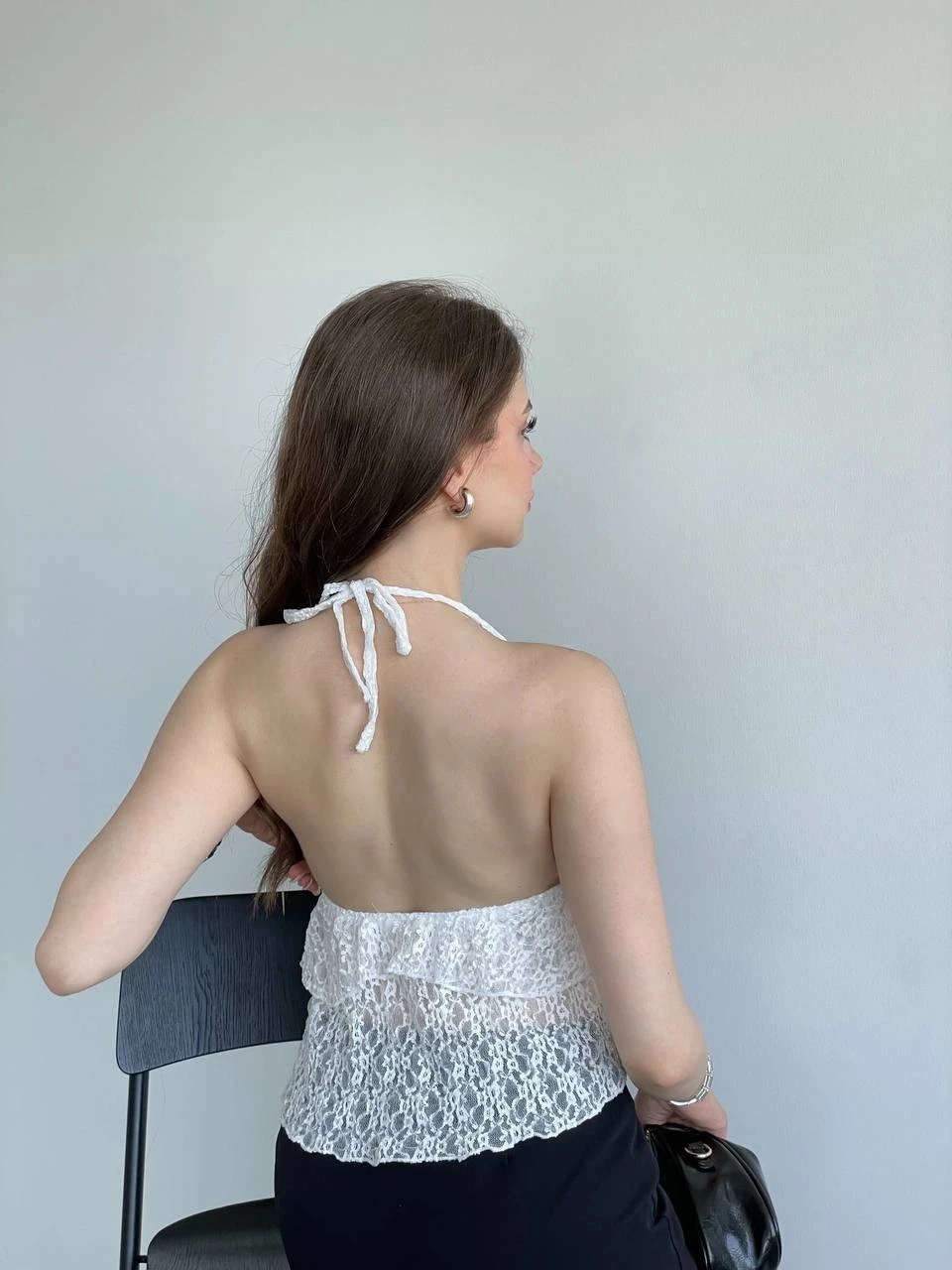 Kadın Beyaz Boyundan Bağlamalı Sırt Dekolteli Dantel Bluz HZL25S-ZK13241