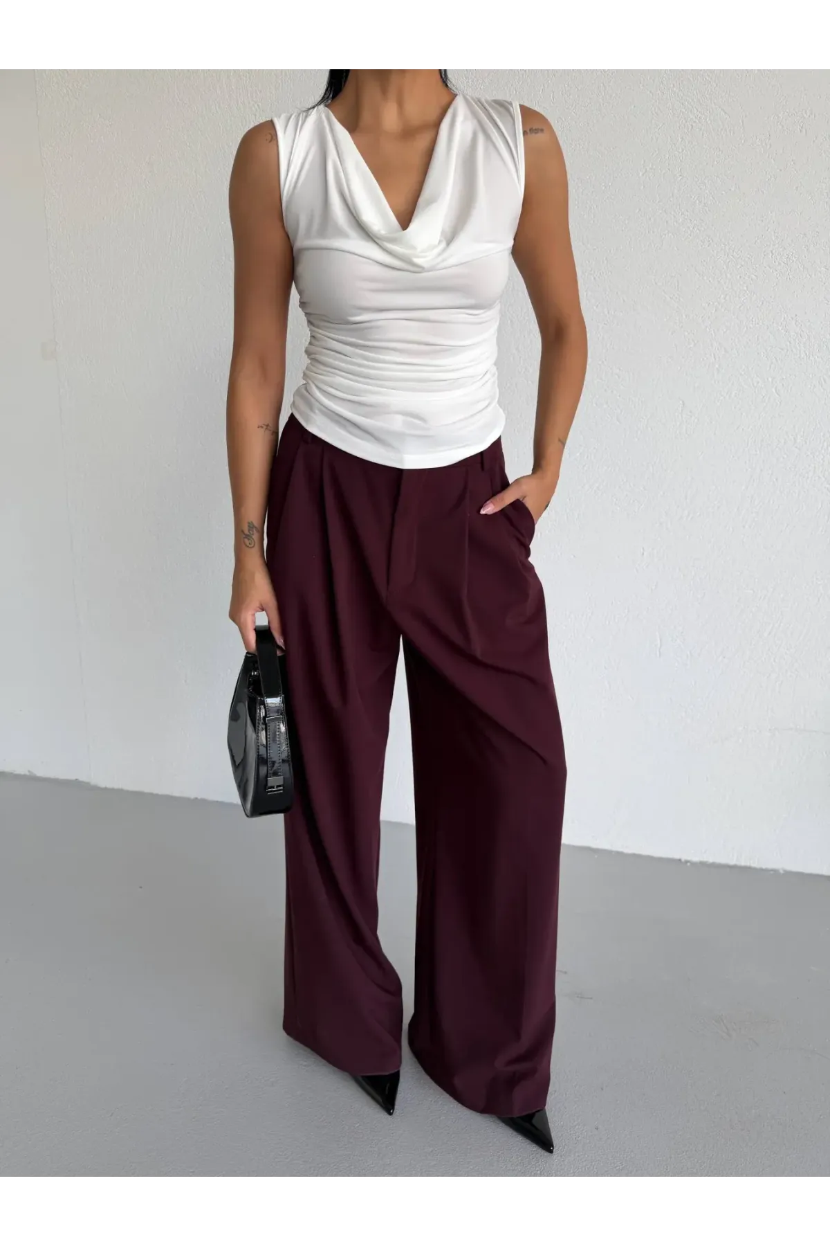 Kadın Beyaz Degaje Yaka Yanlardan Drapeli Sandy Bluz HZL25S-FRY123131