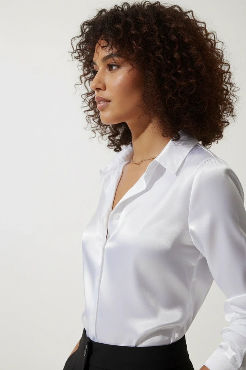 Kadın Beyaz Hafif Dökümlü Saten Yüzeyli Gömlek HZL22W-BD139641