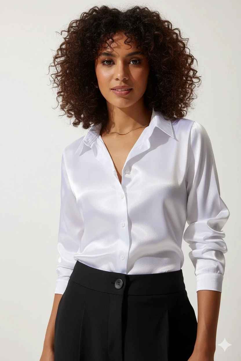 Kadın Beyaz Hafif Dökümlü Saten Yüzeyli Gömlek HZL22W-BD139641