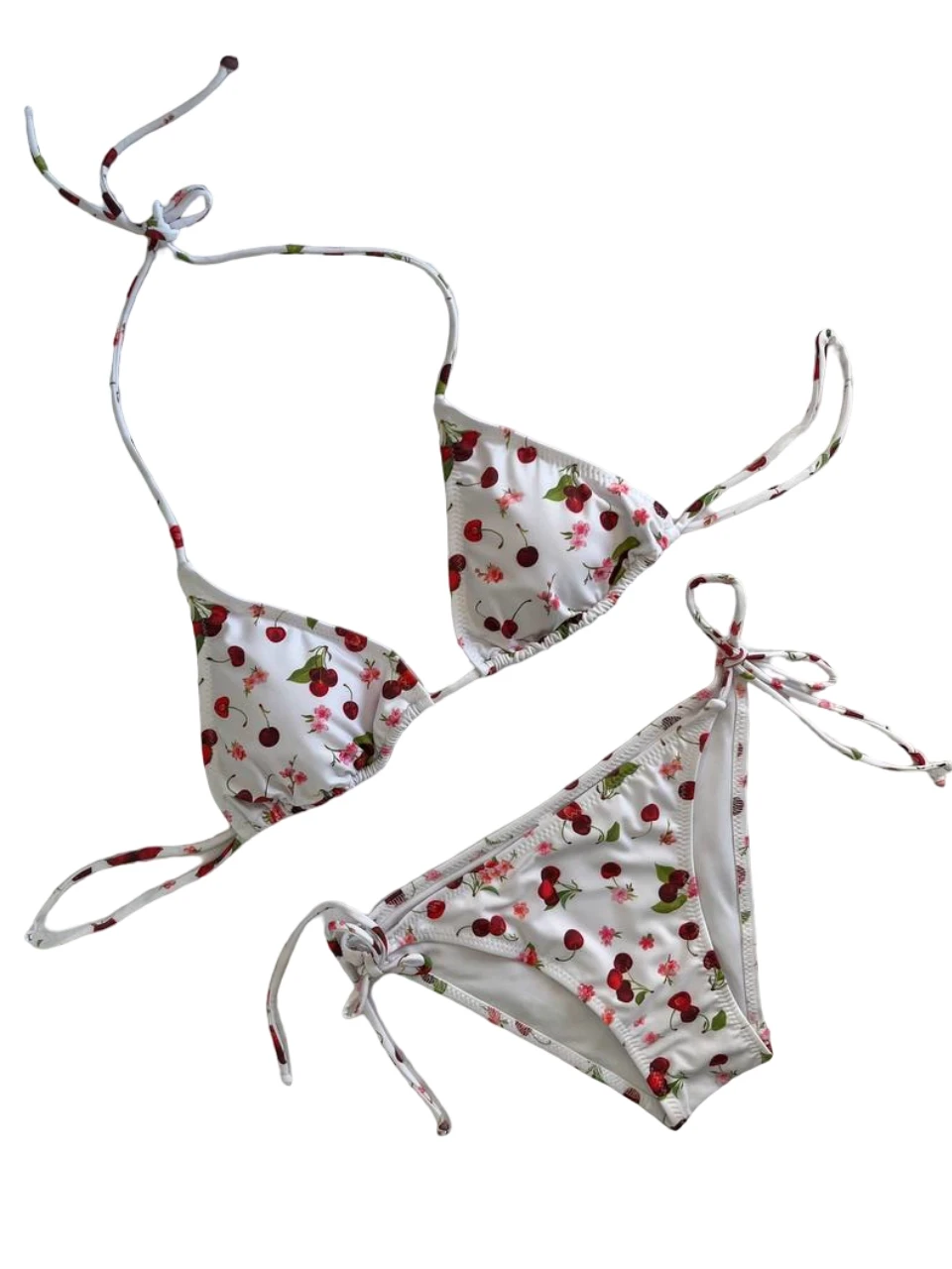 Kadın Beyaz Kiraz Temalı Boyundan İp Bağlamalı Üçgen Bikini Takımı HZL25S-LC5005
