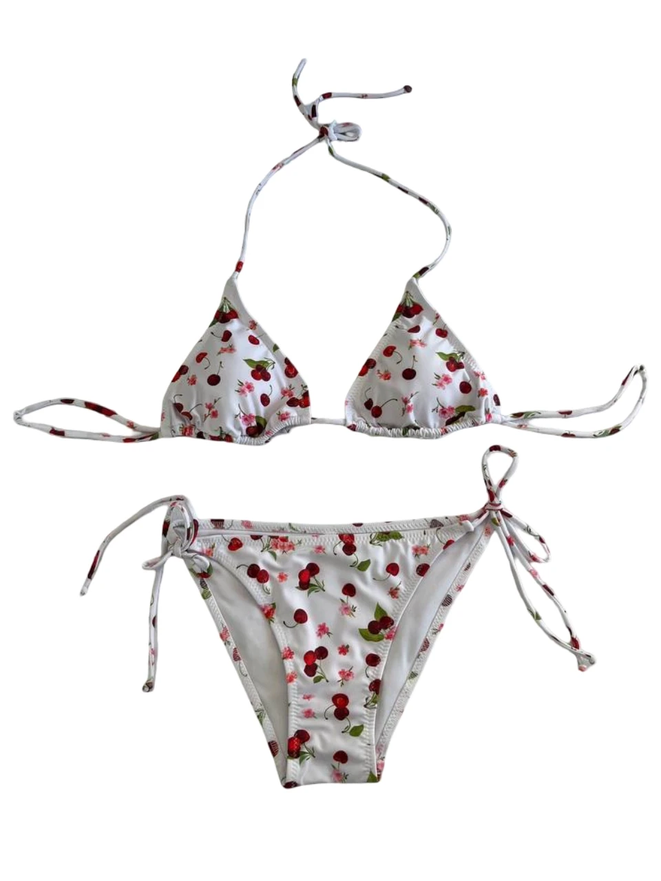 Kadın Beyaz Kiraz Temalı Boyundan İp Bağlamalı Üçgen Bikini Takımı HZL25S-LC5005
