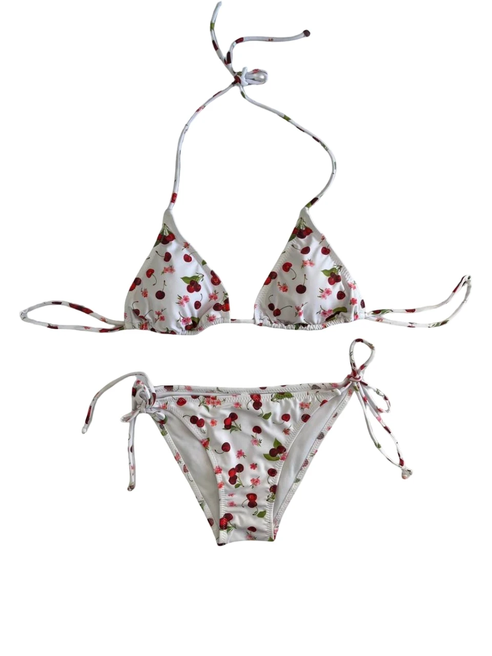 Kadın Beyaz Kiraz Temalı Boyundan İp Bağlamalı Üçgen Bikini Takımı HZL25S-LC5005