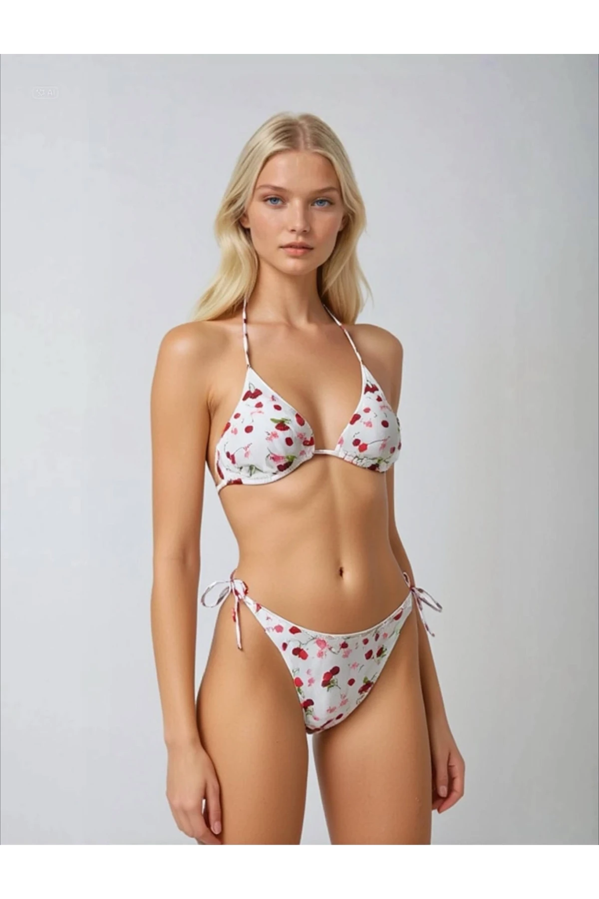 Kadın Beyaz Kiraz Temalı Boyundan İp Bağlamalı Üçgen Bikini Takımı HZL25S-LC5005