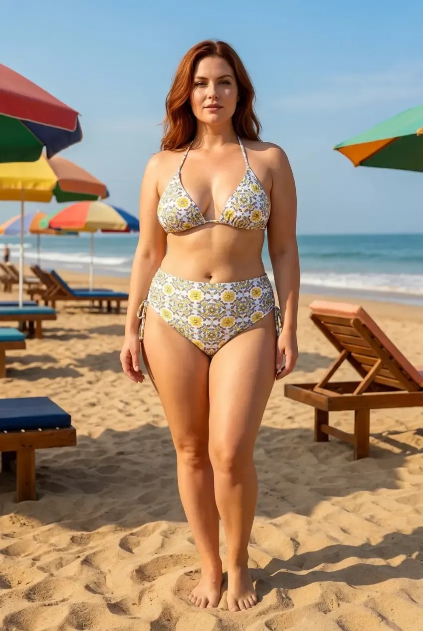 Kadın Beyaz Sarı Mavi Desenli Astarlı İp Bağlamalı Yüksek Bel Üçgen Bikini Takım HZL24S-LC3308