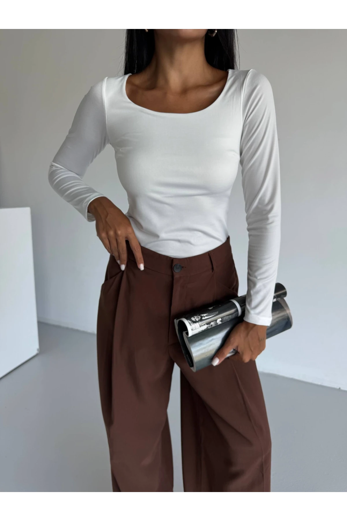 Kadın Beyaz U Yaka Uzun Kollu Sandy Bluz HZL25S-FRY122471