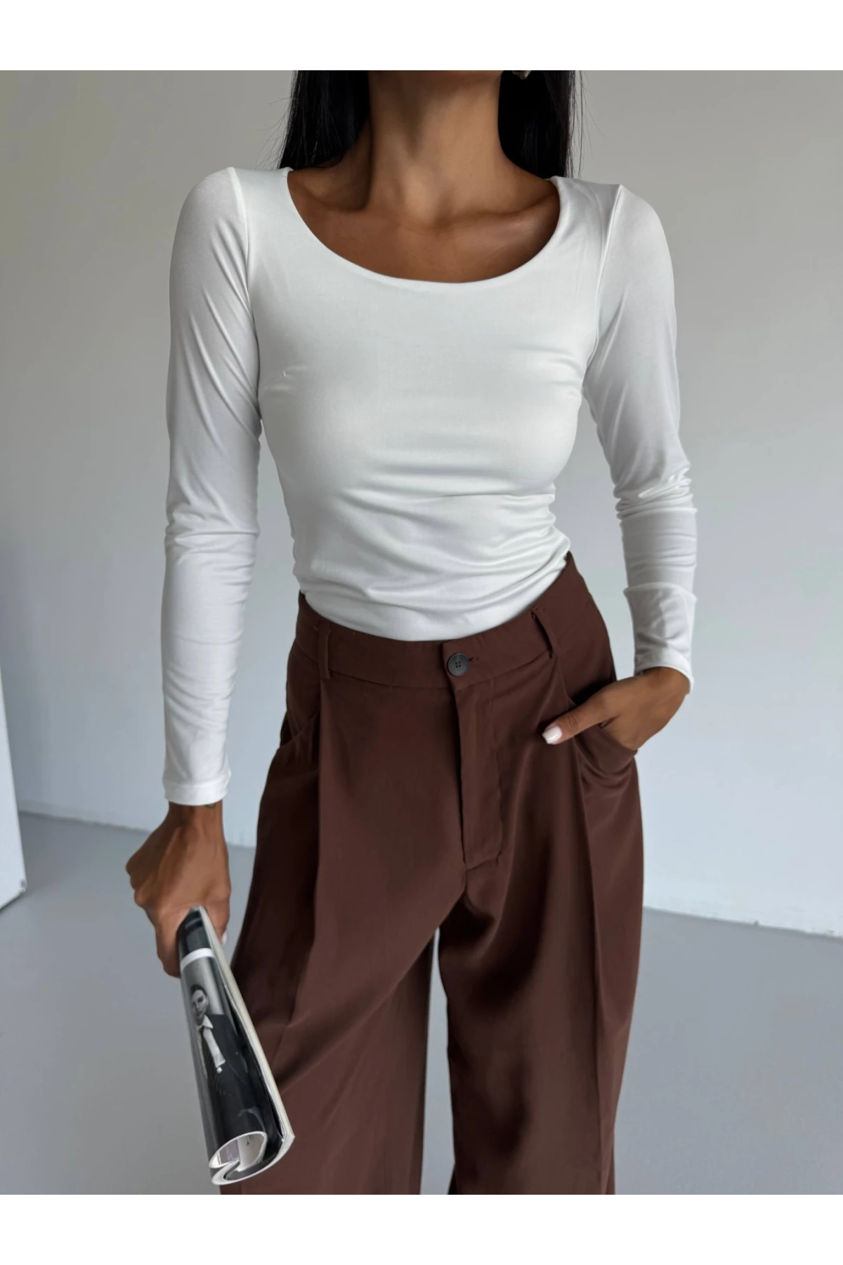 Kadın Beyaz U Yaka Uzun Kollu Sandy Bluz HZL25S-FRY122471