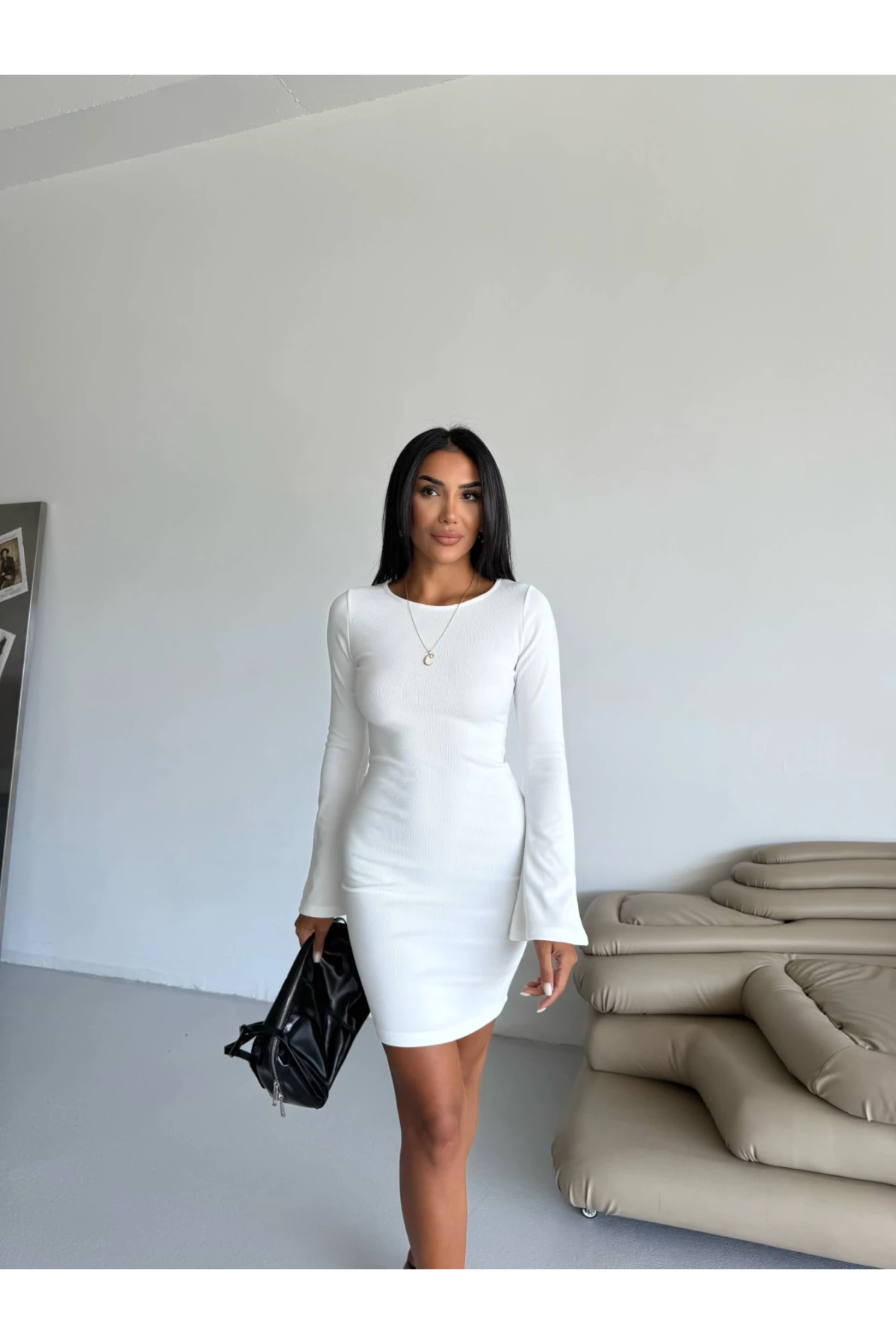 Kadın Beyaz Uzun Kol Ottomon Kumaş Elbise HZL25W-FRY123341