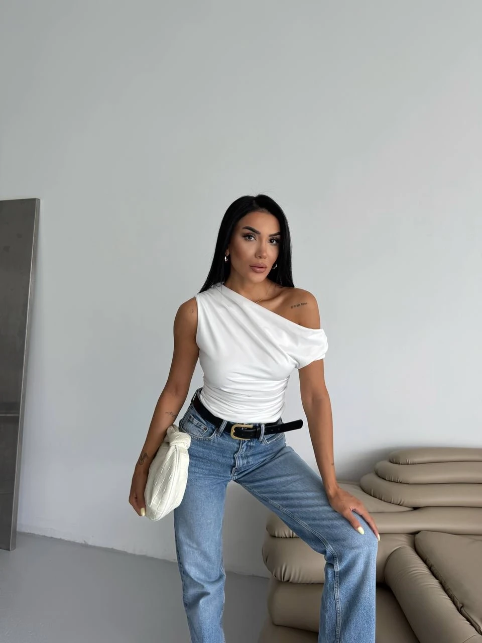 Kadın Beyaz Yandan Drapeli Kayık Yaka Sandy Bluz HZL25S-FRY123201