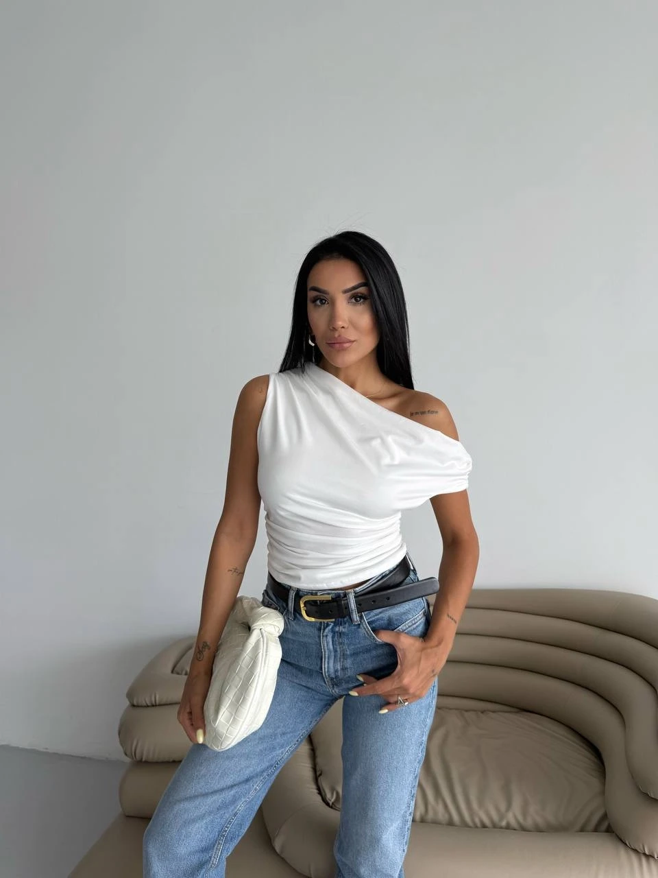 Kadın Beyaz Yandan Drapeli Kayık Yaka Sandy Bluz HZL25S-FRY123201