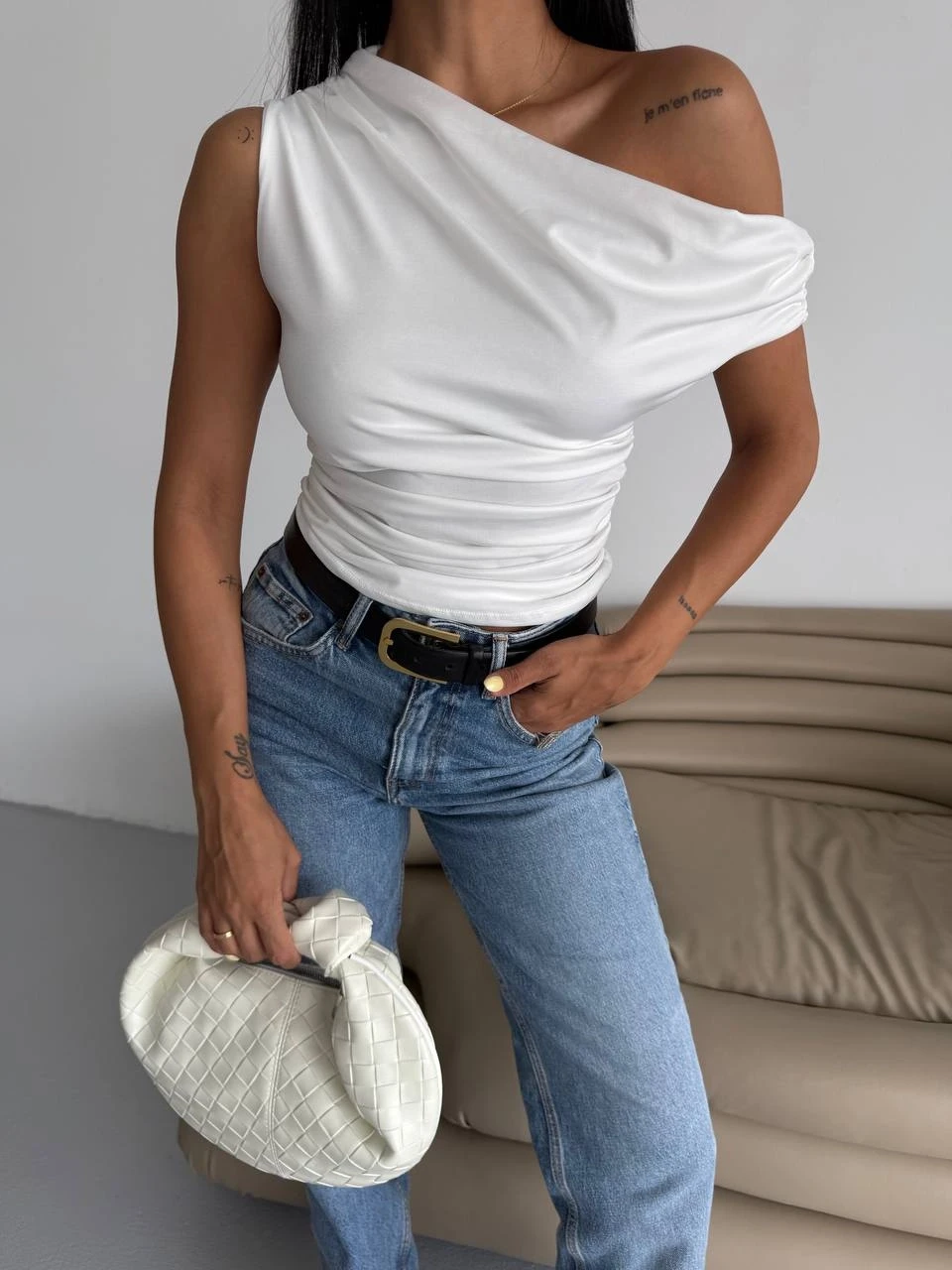 Kadın Beyaz Yandan Drapeli Kayık Yaka Sandy Bluz HZL25S-FRY123201