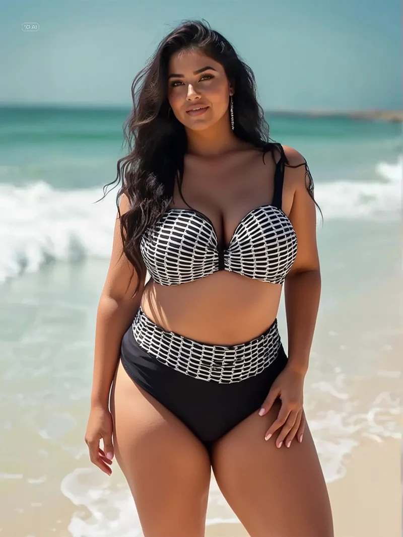 Kadın Beyaz Zincir Desenli Büyük Beden Astarlı Siyah Bikini Takım HZL25S-LC3303