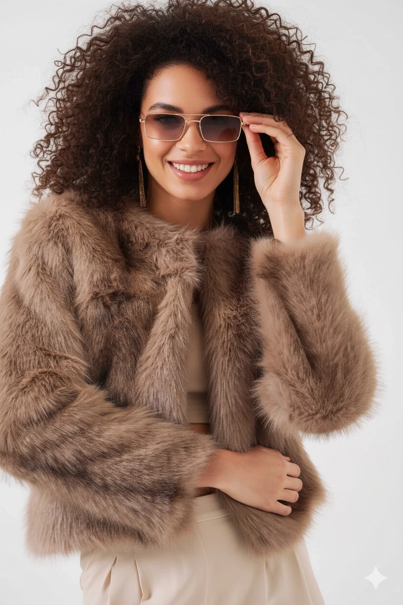 Kadın Bisküvi İçi Astarlı Peluş Kürk Mont HZL25W-BD152251