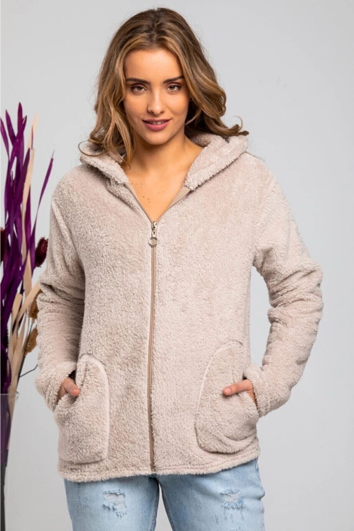 Kadın Bisküvi Welsoft esnek kumaş Peluş Yumoş Önü Fermuarlı Kapüşonlu Ceket HZL23W-DSB110081