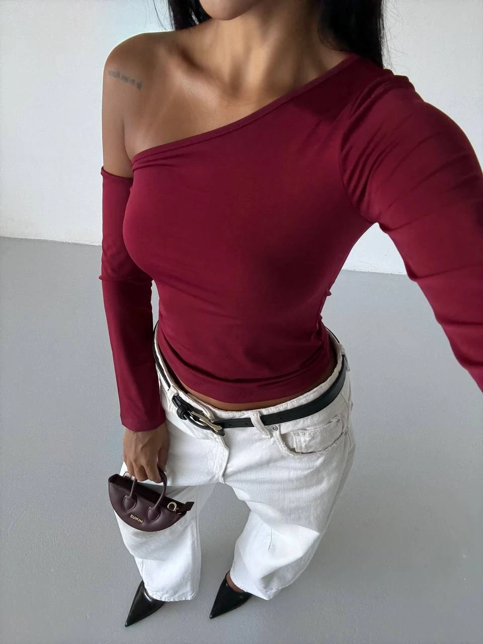 Kadın Bordo Asimetrik Yaka Drapeli Sandy Bluz HZL25S-FRY123361