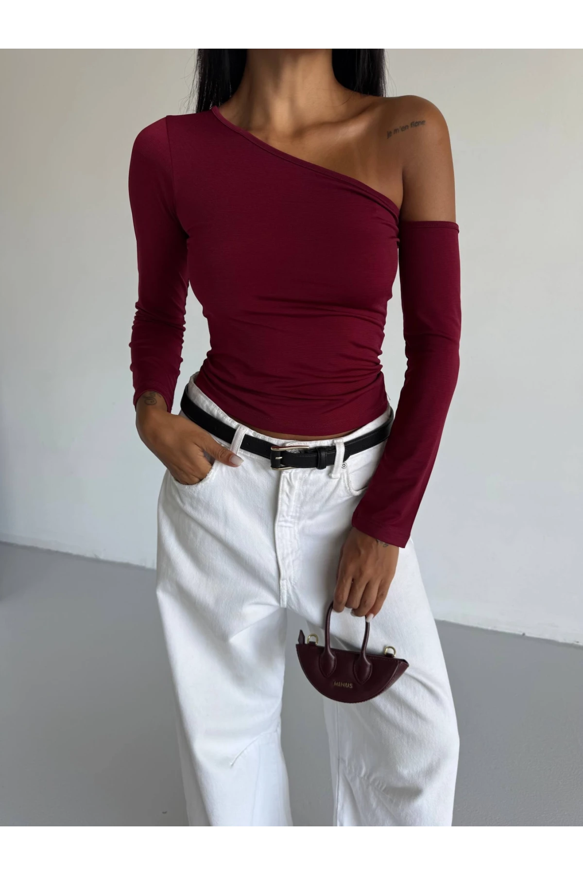 Kadın Bordo Asimetrik Yaka Drapeli Sandy Bluz HZL25S-FRY123361