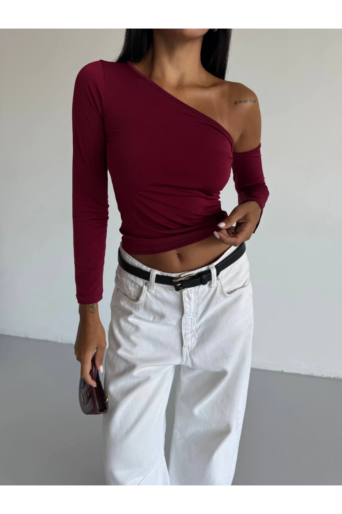 Kadın Bordo Asimetrik Yaka Drapeli Sandy Bluz HZL25S-FRY123361