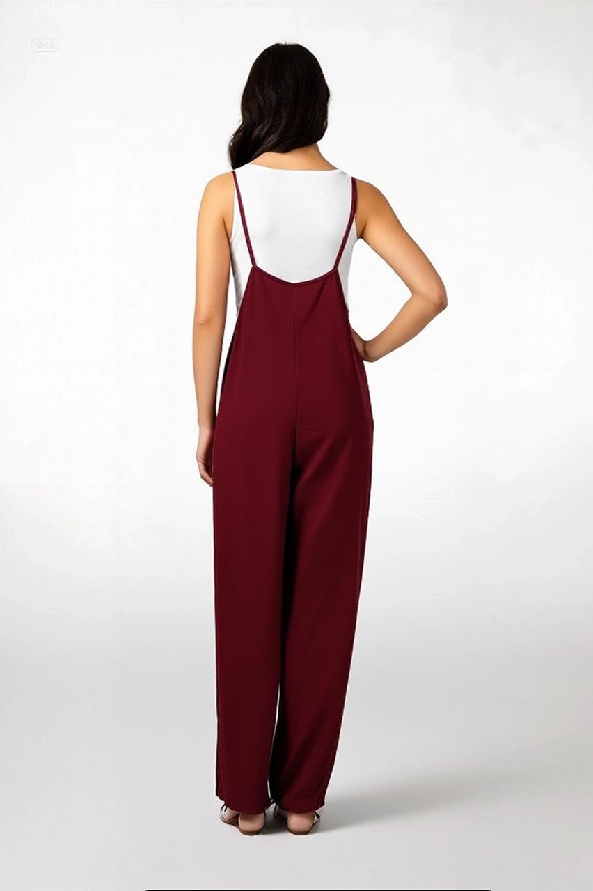 Kadın Bordo Ayarlanabilir Askılı Cepli Bol Paça Bahçıvan Tulum Hzl22s-bd170191