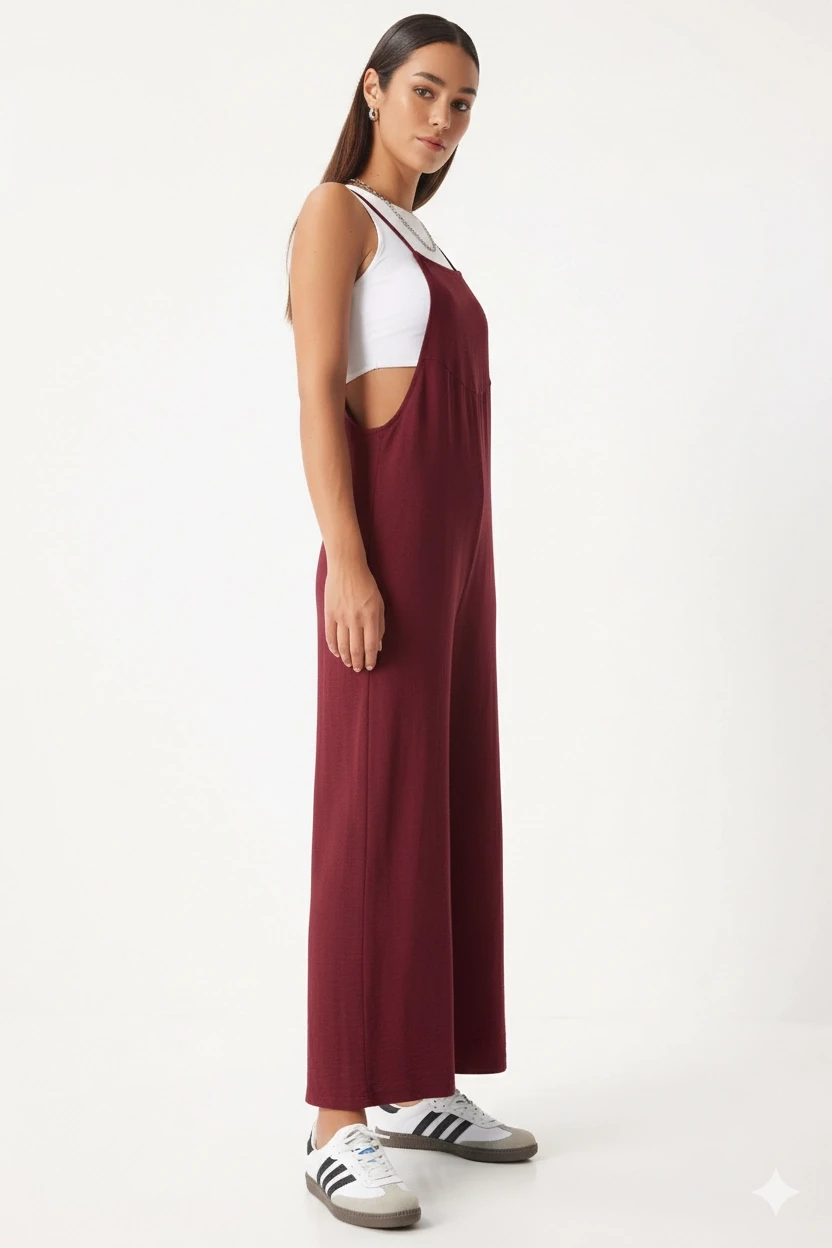 Kadın Bordo Ayarlanabilir Askılı Cepli Bol Paça Bahçıvan Tulum Hzl22s-bd170191