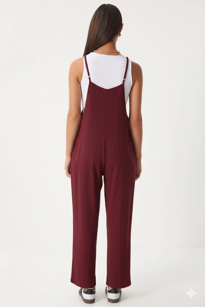 Kadın Bordo Ayarlanabilir Askılı Cepli Bol Paça Bahçıvan Tulum Hzl22s-bd170191
