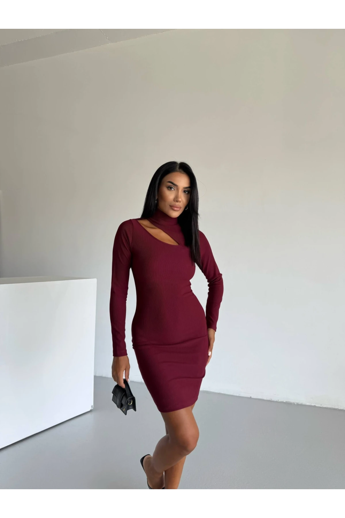 Kadın Bordo Boğazlı Uzun Kollu Ottoman Kumaş Elbise HZL25S-FRY123331