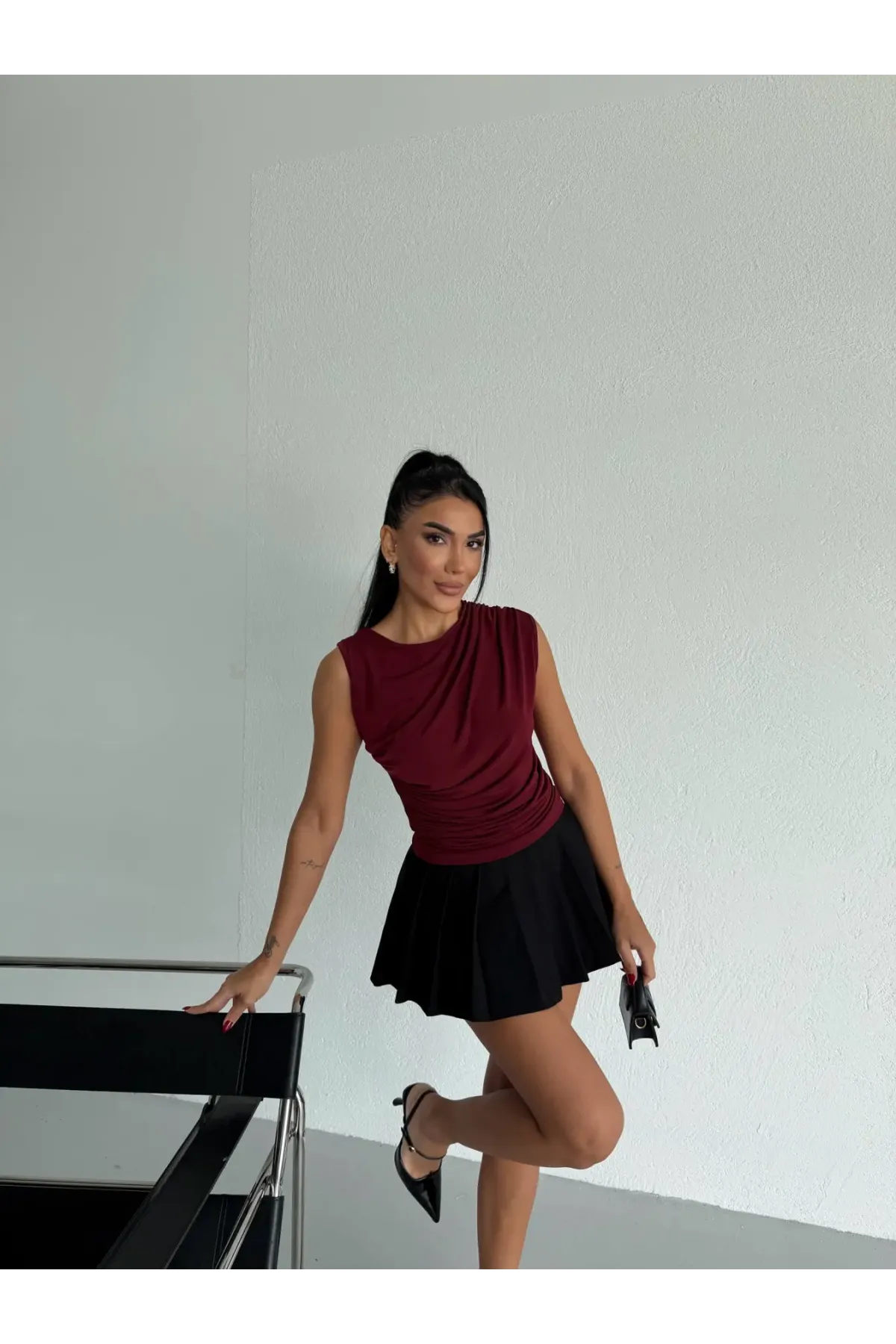 Kadın Bordo Büzgülü Kolsuz Sandy Bluz HZL26W-FRY122751