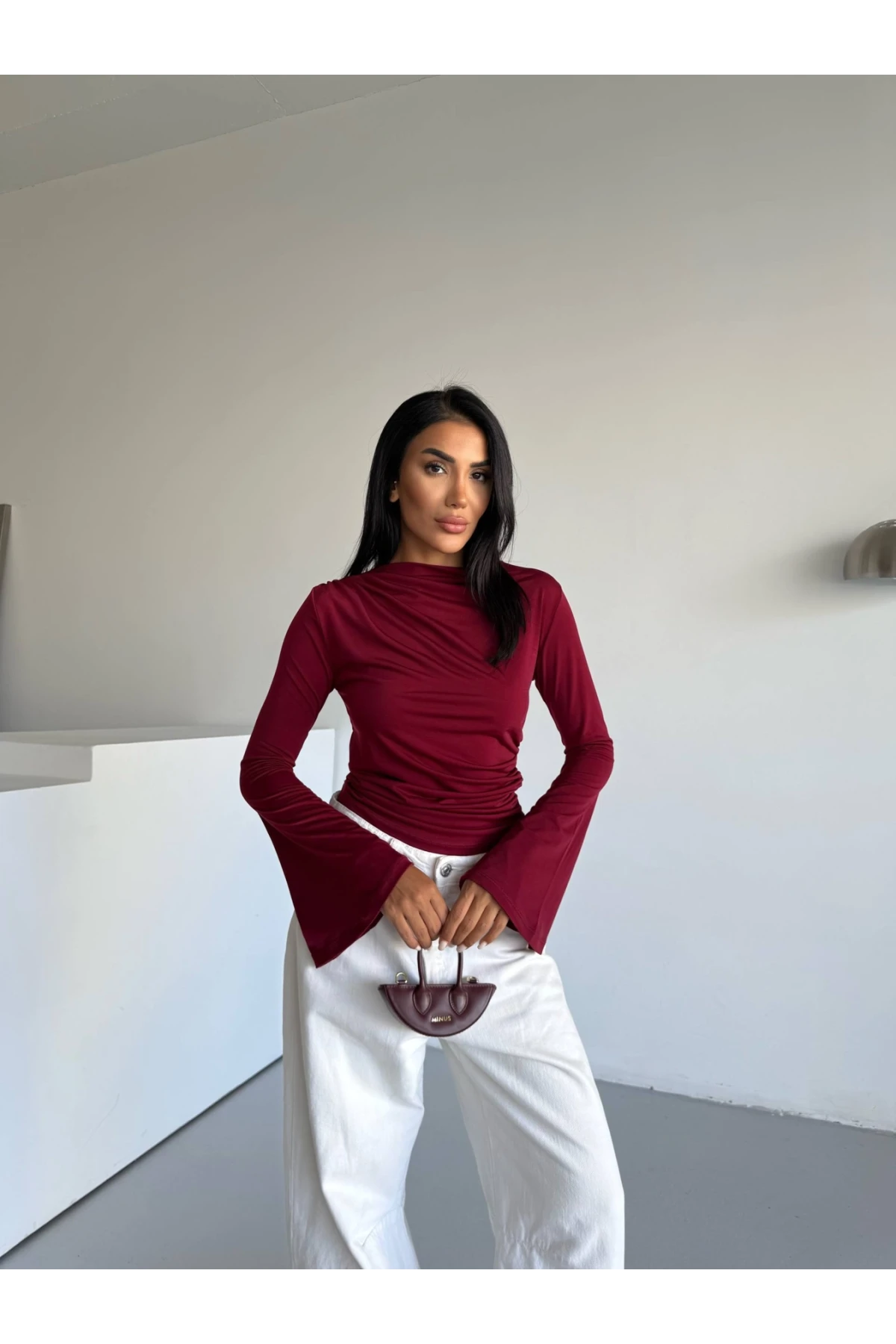 Kadın Bordo Drape Detaylı İspanyol Kol Sany Bluz HZL25W-FRY123431