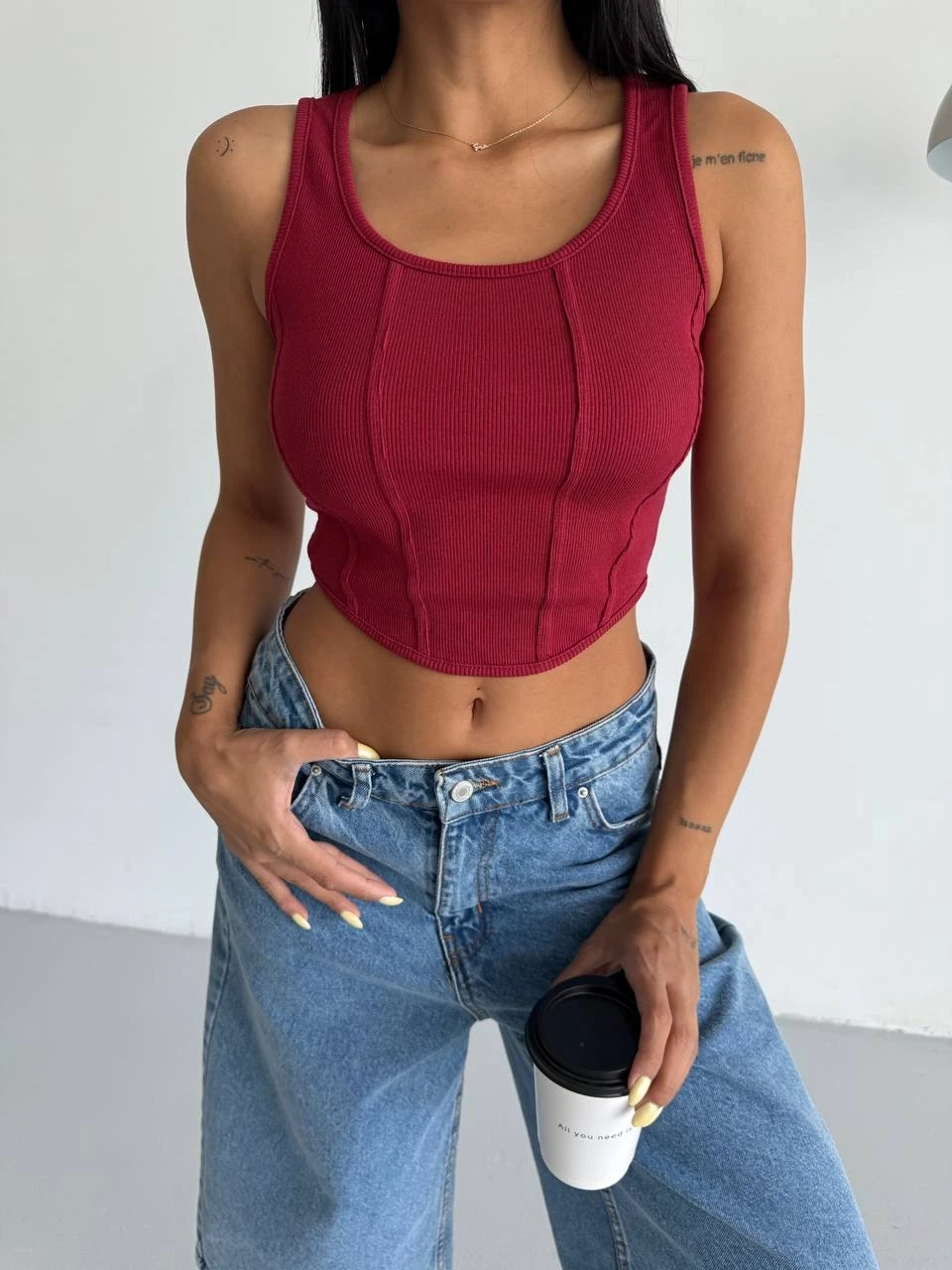 Kadın Bordo Fitilli Kaşkorse Crop Bluz HZL25S-FRY123171