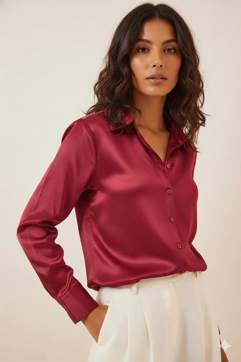 Kadın Bordo Hafif Dökümlü Saten Yüzeyli Gömlek Hzl22w-bd139641