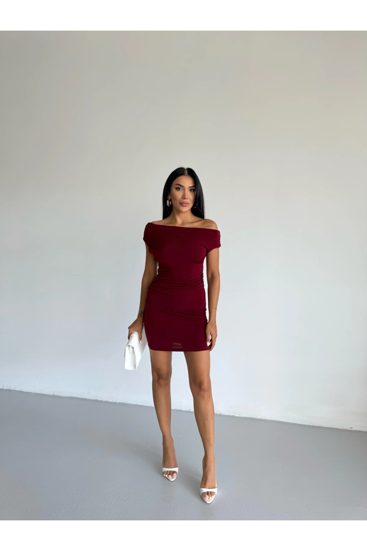 Kadın Bordo Kayık Yaka Yandan Drapeli Mini Elbise HZL25S-FRY123261