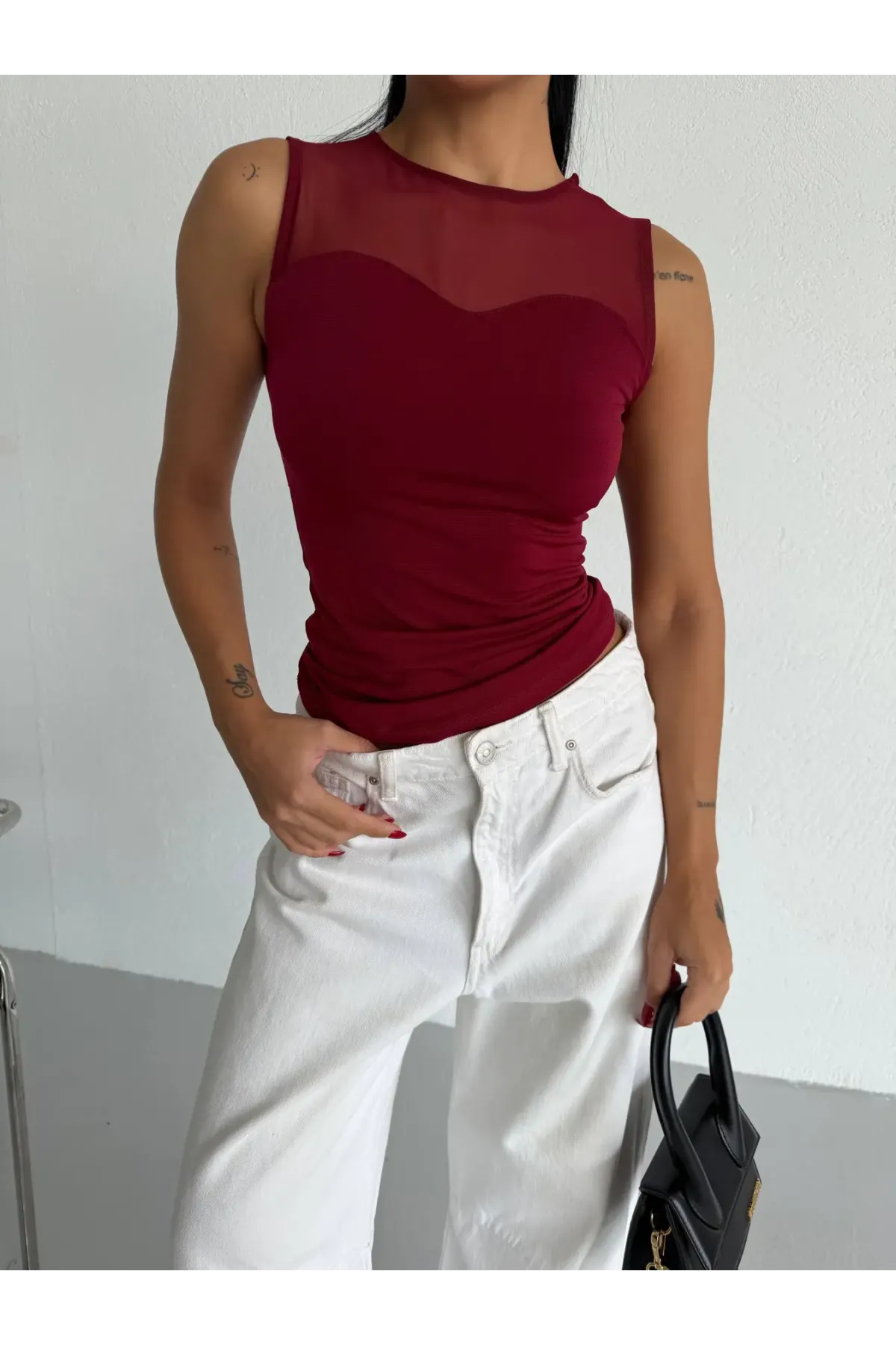 Kadın Bordo Kolsuz Likralı Tül Detay Sandy Bluz HZL26W-FRY123721