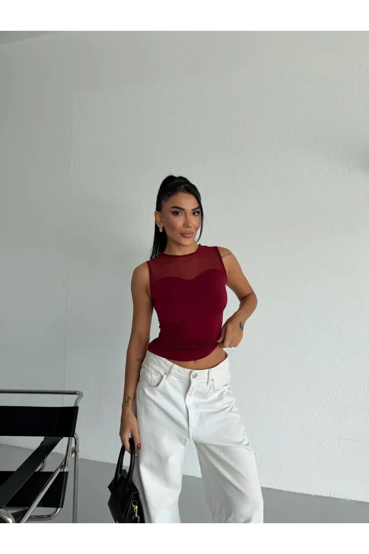 Kadın Bordo Kolsuz Likralı Tül Detay Sandy Bluz HZL26W-FRY123721