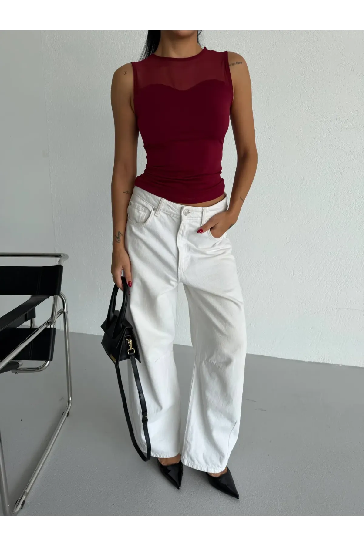 Kadın Bordo Kolsuz Likralı Tül Detay Sandy Bluz HZL26W-FRY123721