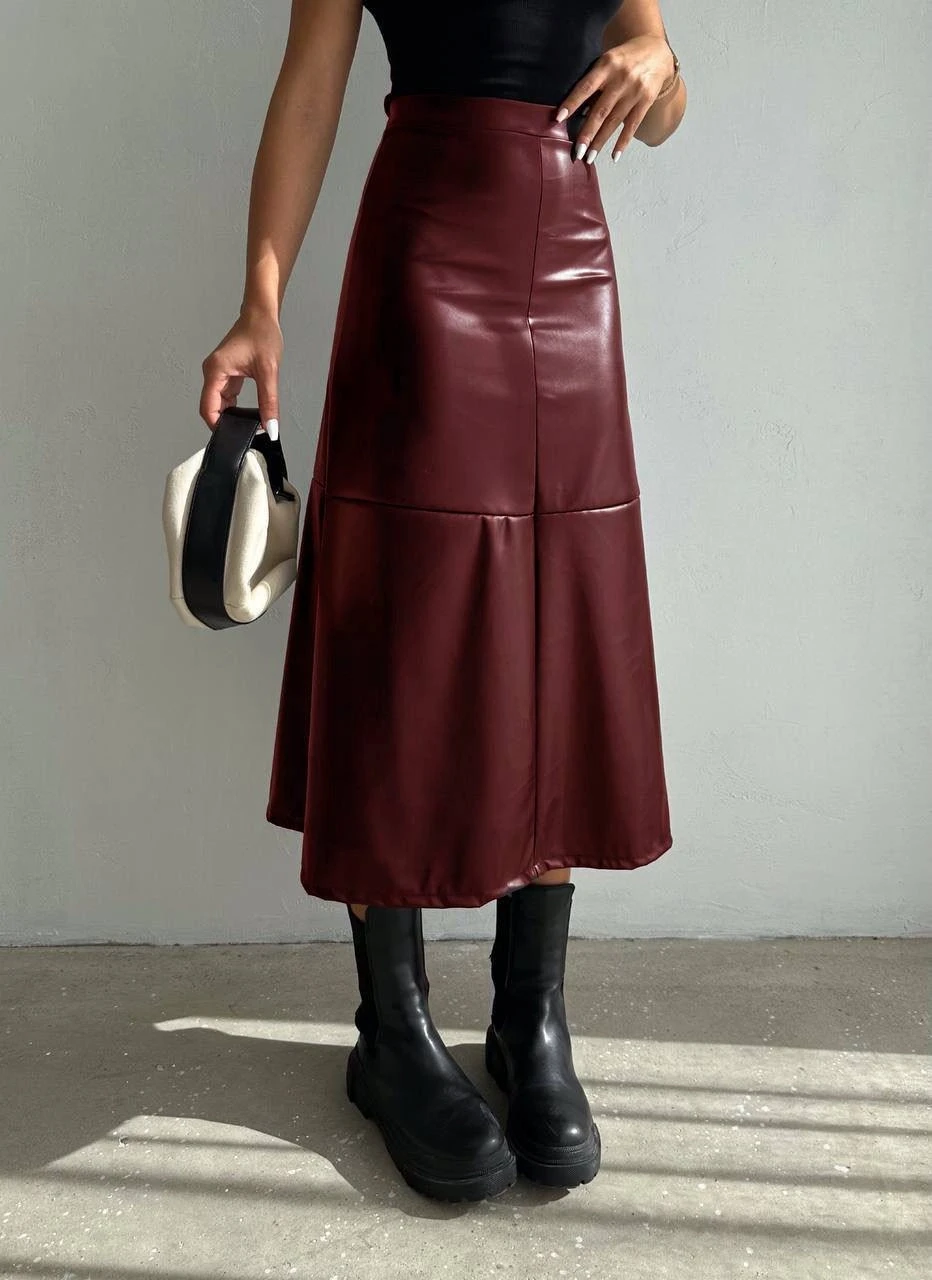 Kadın Bordo Midi Boy Fermuar Kapamalı Suni Deri Etek  HZL25W-FRY121651