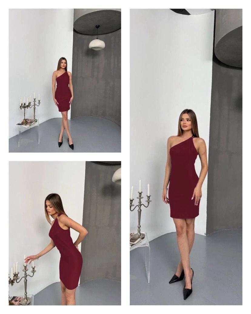 Kadın Bordo Ottoman Kumaş Tek Omuz Toka Detaylı Elbise HZL25S-FRY123151