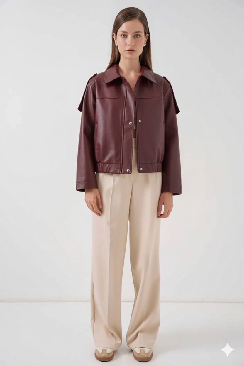 Kadın Bordo Oversize Fermuarlı ve Düğmeli Yandan Cepli Suni Deri Ceket HZL25W-BD110551