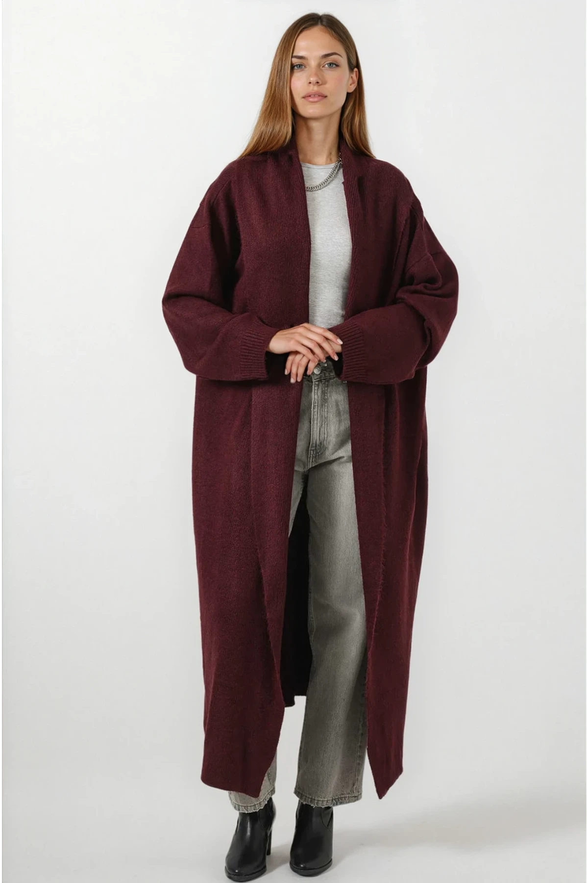 Kadın Bordo Oversize Uzun Triko Hırka HZL25W-BD1103041