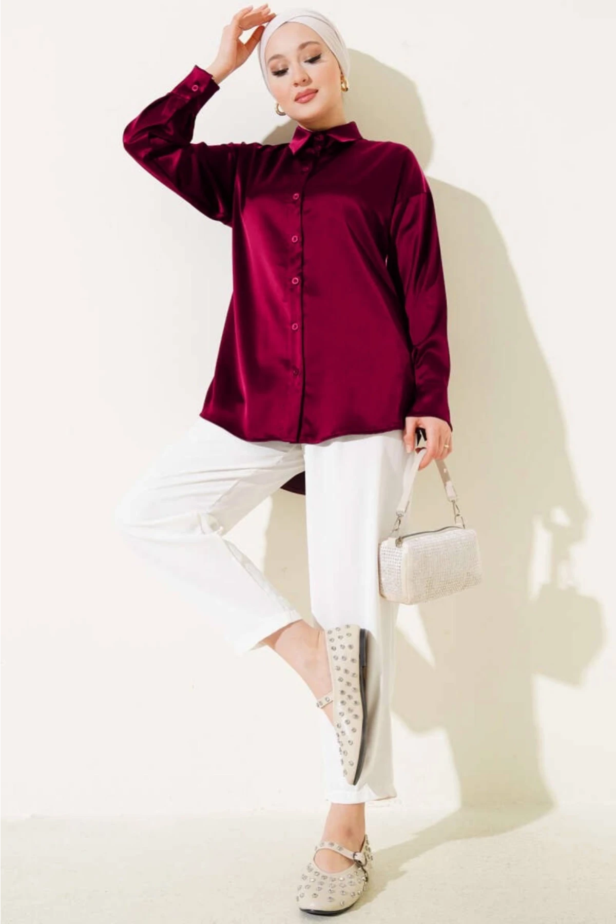 Kadın Bordo Saten Yüzeyli Tesettür Gömlek HZL25W-BD139641