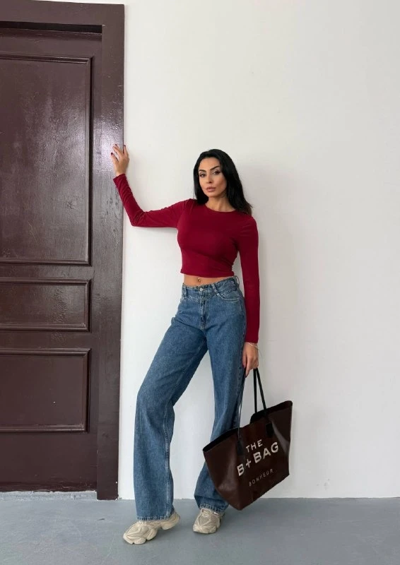 Kadın Bordo Sırt Dekolteli  Uzun Kollu Sandy Bluz HZL25W-FRY123381