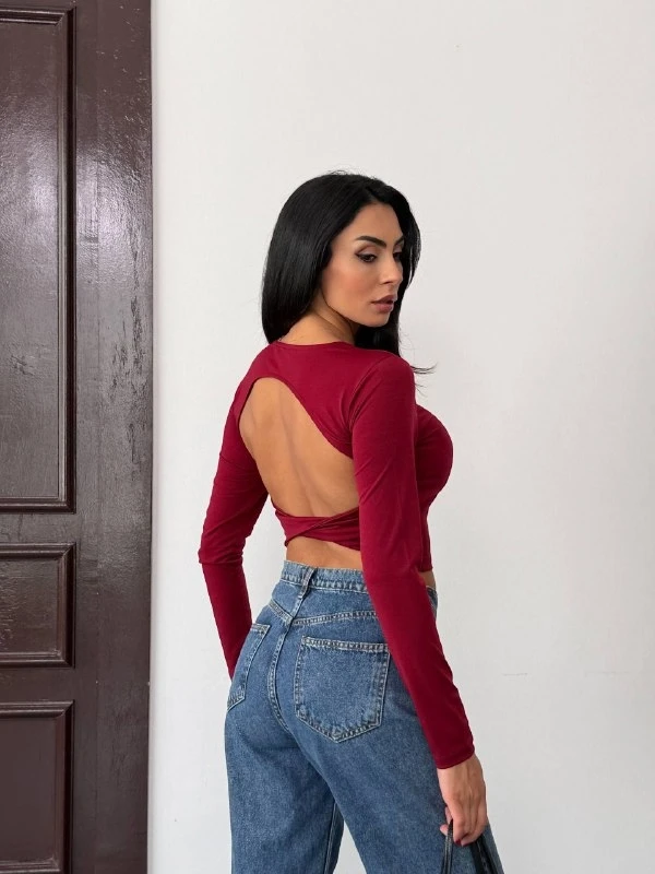 Kadın Bordo Sırt Dekolteli  Uzun Kollu Sandy Bluz HZL25W-FRY123381