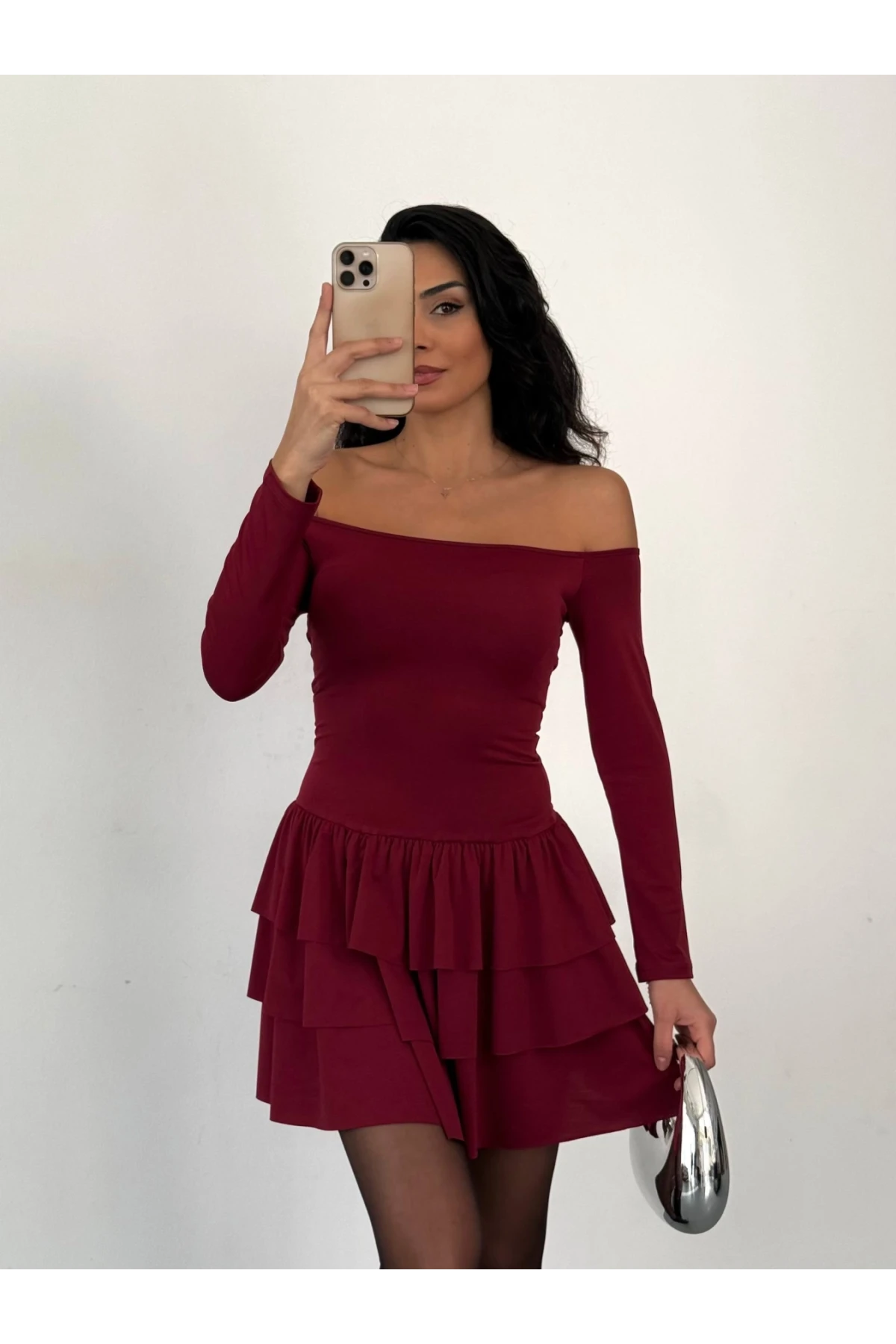 Kadın Bordo Straplez Yaka Kat Kat Etek Detaylı Mini Elbise HZL25W-FRY123581
